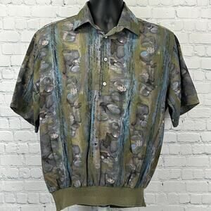 Vintage 70s D'Avila Polo Shirt Beige AOP Disco Short Sleeve Made In USA M Medium